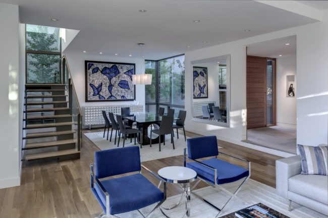 Landing window frames ornamental tree in modern home.