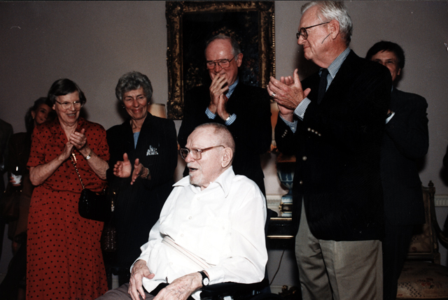 Arch Swank, FAIA, speaks as he was the honored architect at Dallas Chapter AIA 50th anniversary.  From right: architect James Pratt, FAIA; Frank Welch, FAIA; Arch Swank, FAIA; Jim Clark and Carolyn Clark (who owned Howard Meyer-designed home); and Patsy Swank.