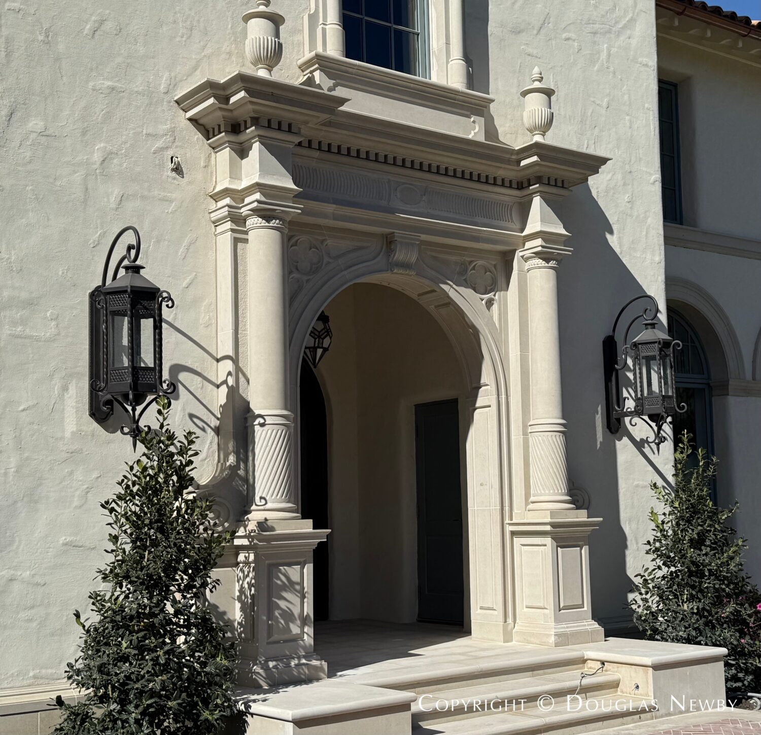 Mediterranean Revival style carved stone pavilion is found at 4400 Belfort Place, Highland Park, Dallas, Texas.