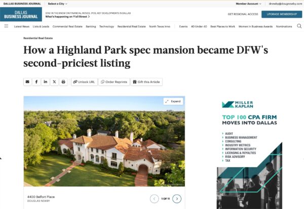 Dallas Business Journal features Highland Park estate home at 4400 Belfort Place, Dallas, Texas.